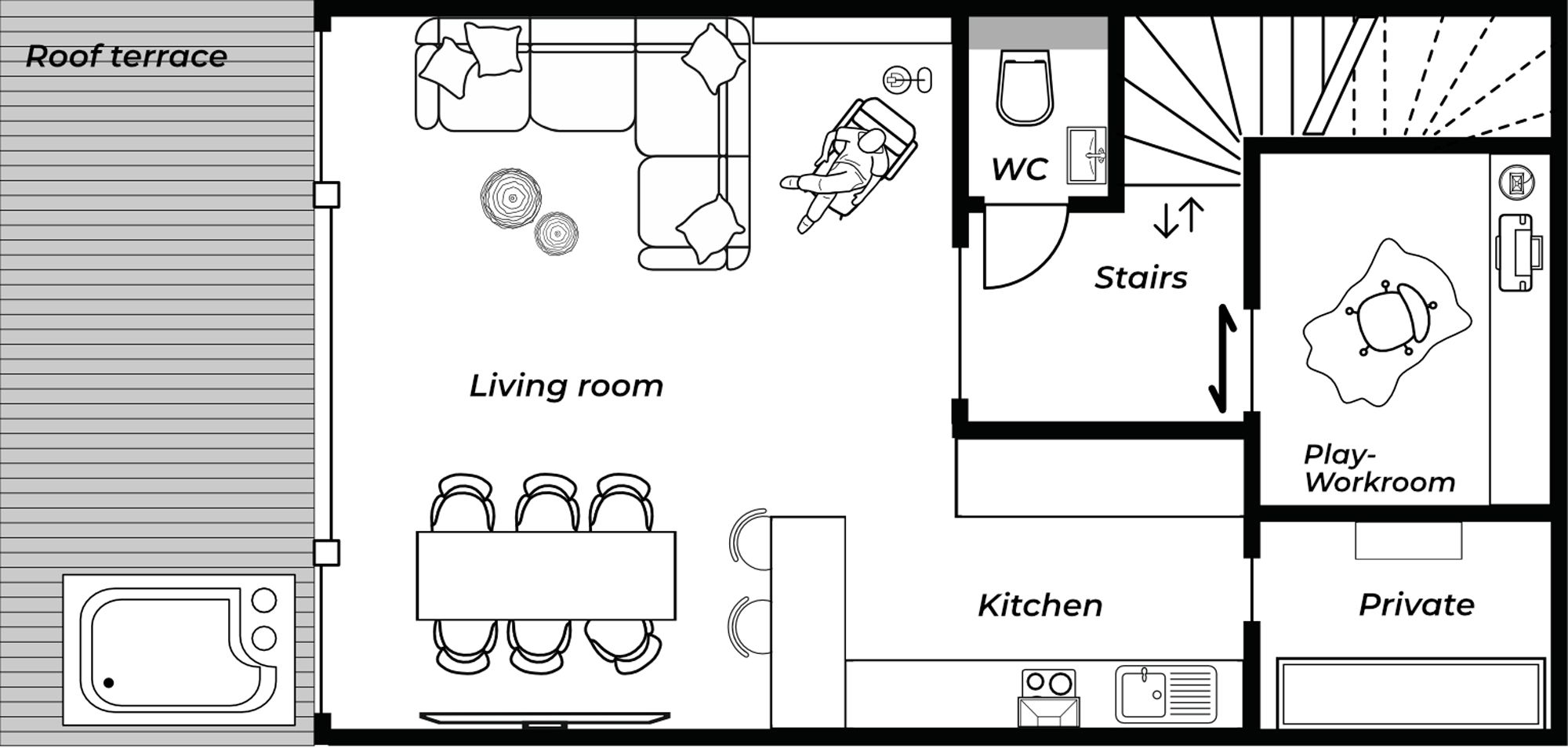 Lower floor of the maisonette apartment: